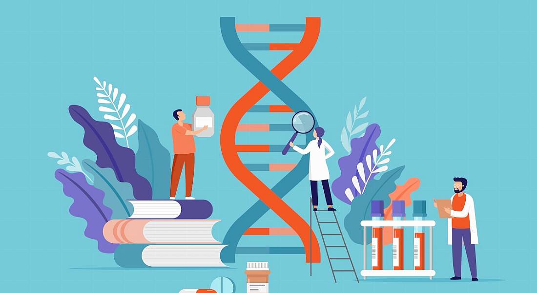 Illustration of life sciences workers collaborating around a DNA double helix.