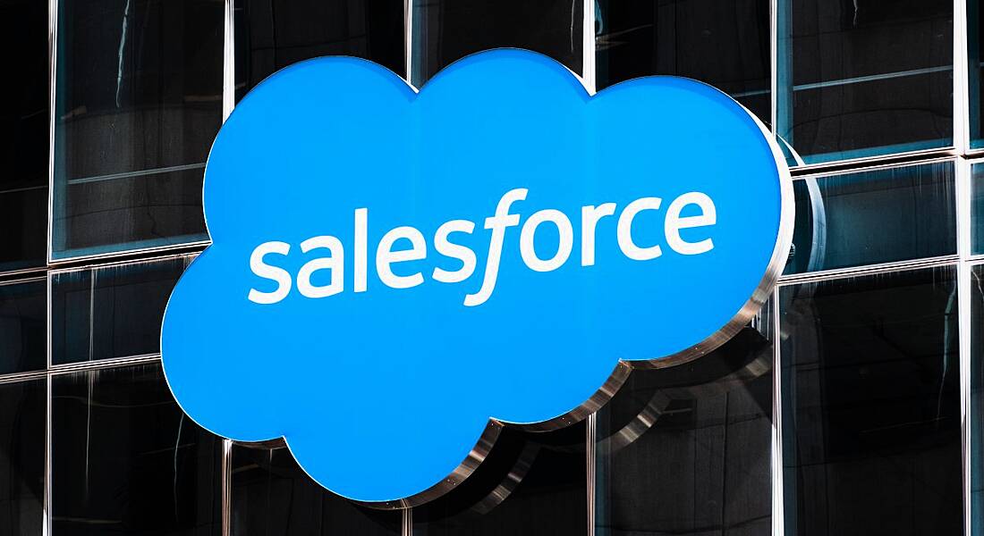 Salesforce sign on its headquarters in San Francisco.