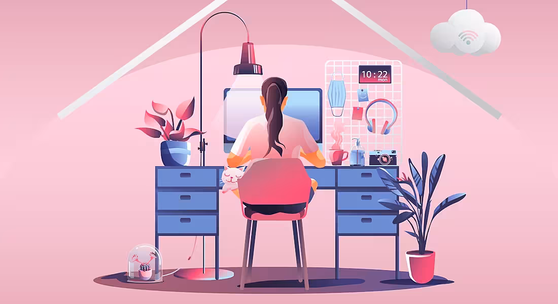 Illustration of a woman working at her desk, symbolising one year of working from home.