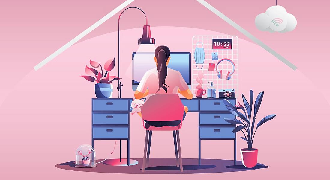 Illustration of a woman working at her desk, symbolising one year of working from home.