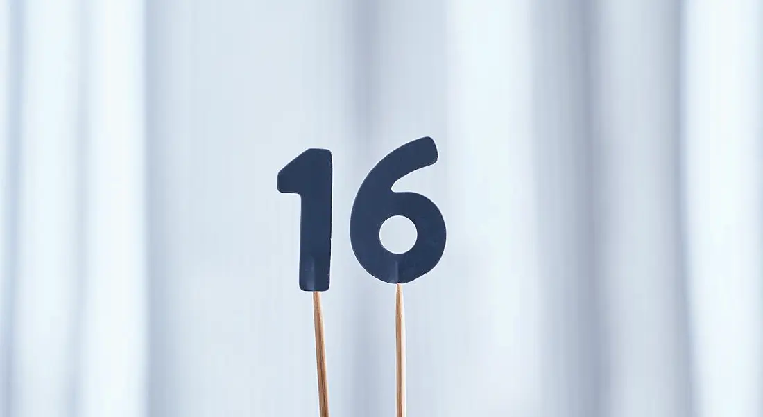 Wooden sticks are holding up the number 16 cut out of blue paper.