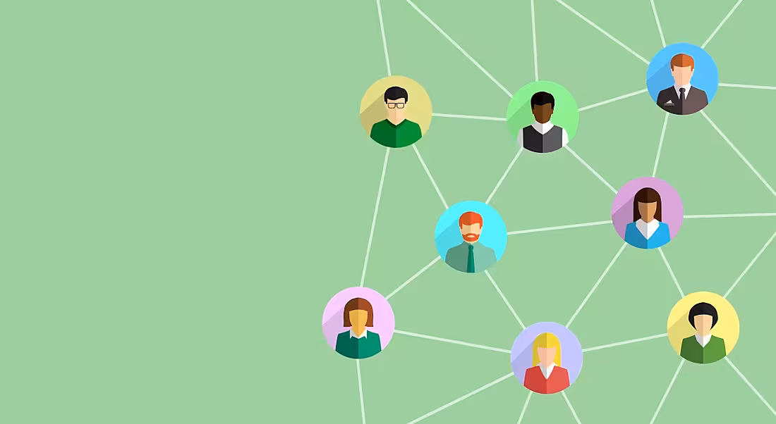 Illustration of people connected to each other through lines of networking.