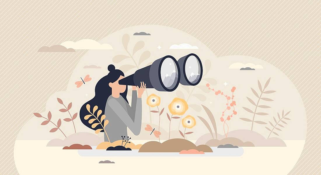 Illustration of a woman using binoculars.