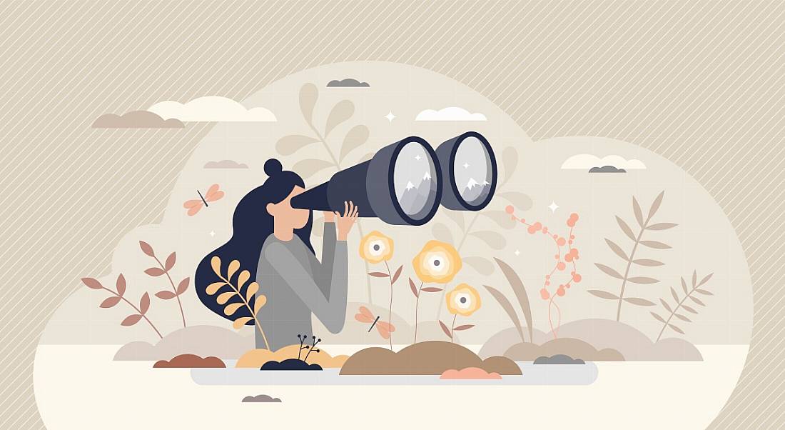 Illustration of a woman using binoculars.