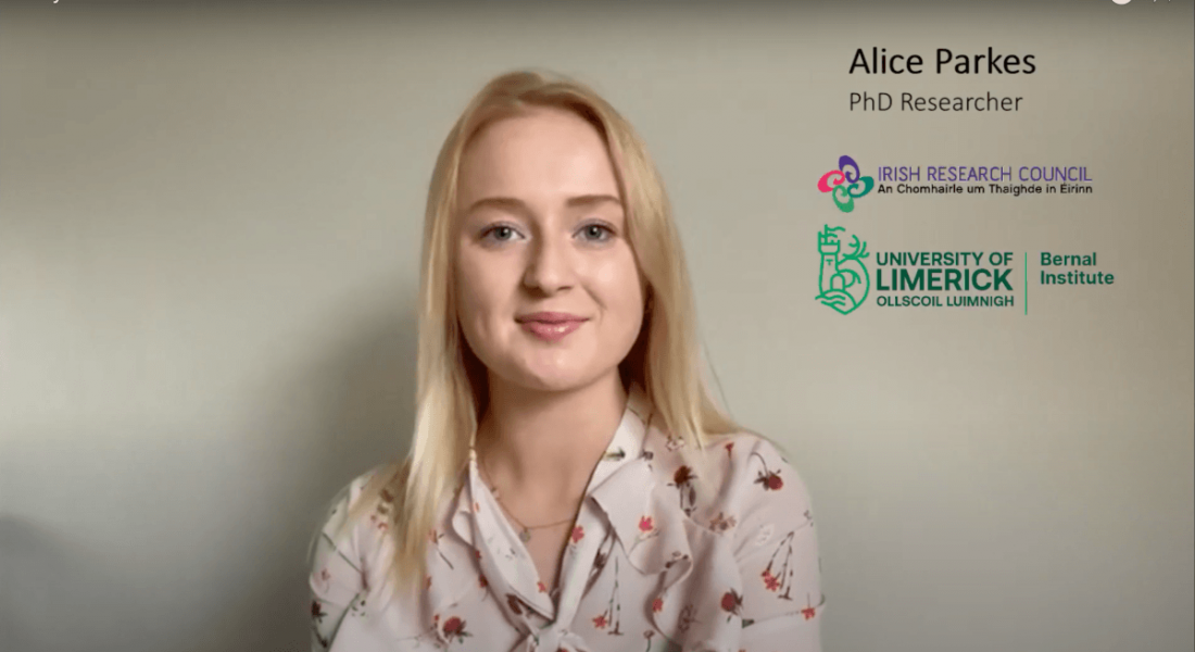 Alice Parkes, creator of the documentary called, Will you consider a career in STEM?, is sitting against a plain wall and smiling into the camera beside text about her role at University of Limerick.