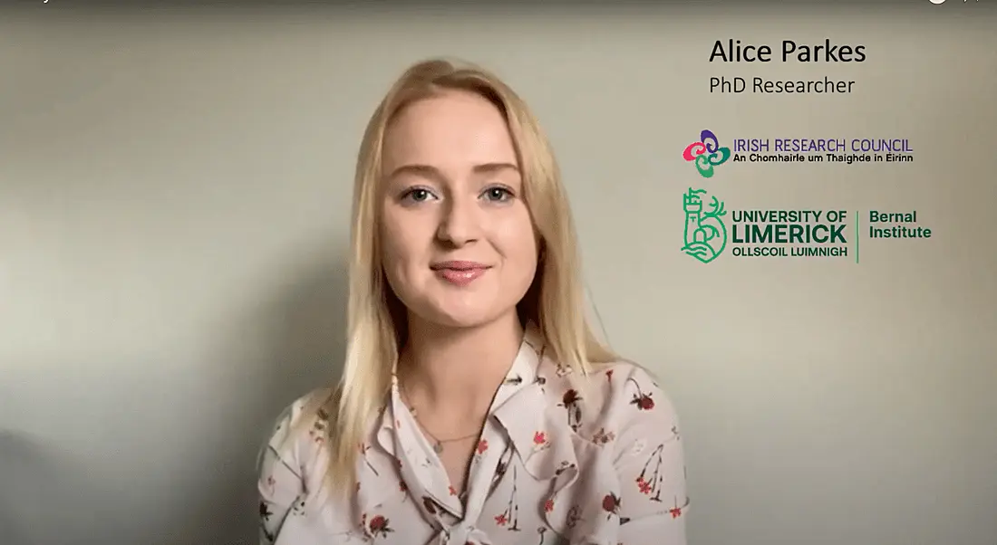 Alice Parkes, creator of the documentary called, Will you consider a career in STEM?, is sitting against a plain wall and smiling into the camera beside text about her role at University of Limerick.