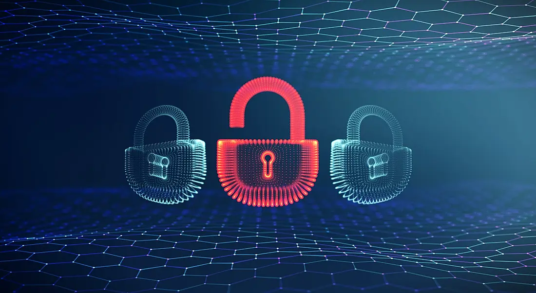 Illustration of padlocks floating in a digital matrix. One lock is lit up in red as it is open and unsecured.