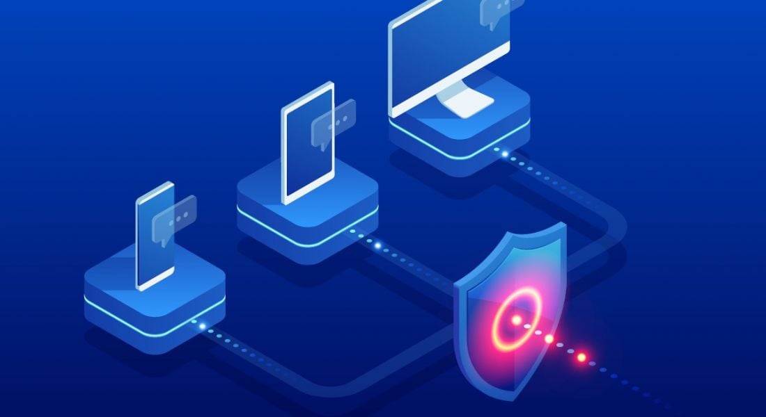 A graphic of three devices on small podiums with blue lights joining them up to one centralised red shield symbolising cybersecurity.