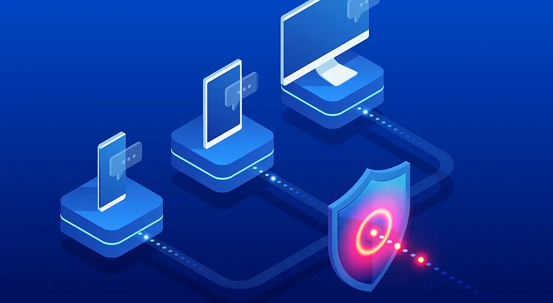 A graphic of three devices on small podiums with blue lights joining them up to one centralised red shield symbolising cybersecurity.