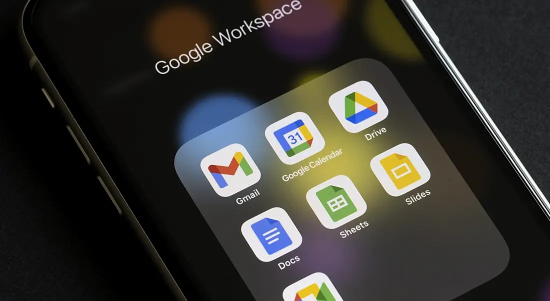 A smartphone screen open on a group of Google apps. The grouping is labelled as Google Workspace.