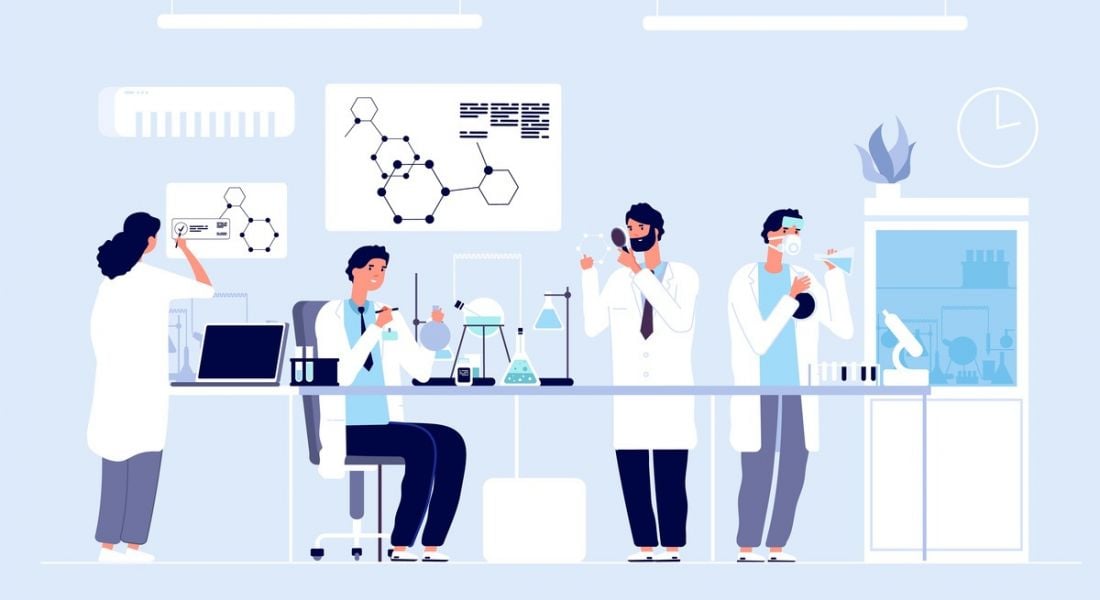 A graphic image of four scientists working in a lab surrounded by equipment.