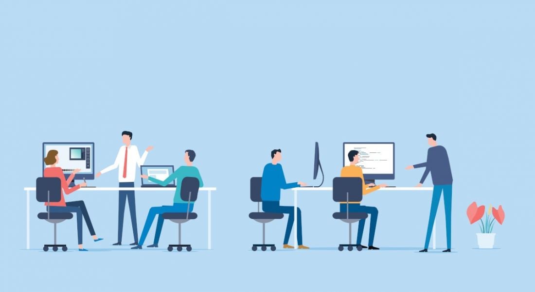 A graphic featuring six people in an office environment working at desks and chatting.