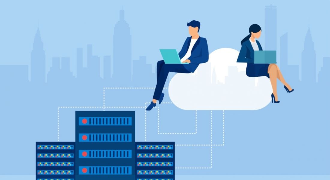 A vector image of two cloud engineers sitting on top of a cloud working on laptops that connect to several servers against a blue background.