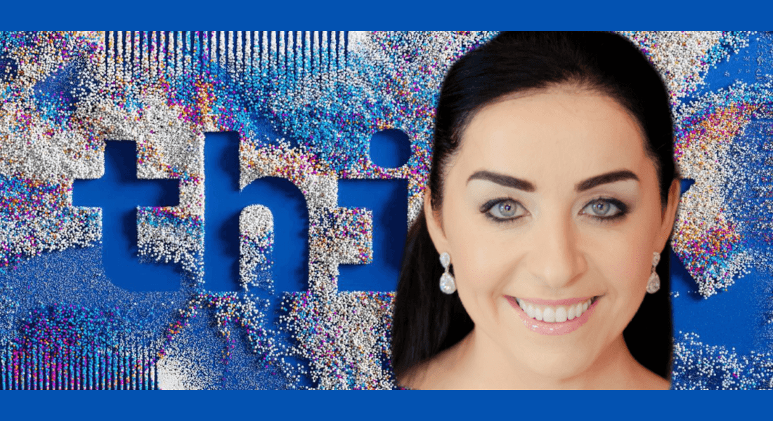 Aine Lenihan’s headshot super-imposed on a blue background speckled with colourful dots