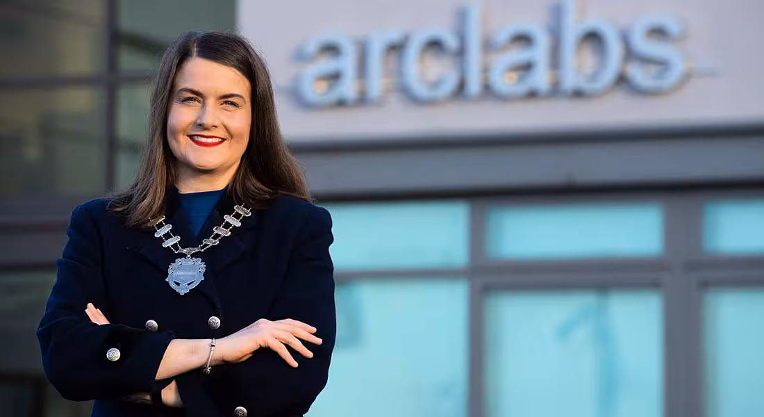 Aisling O'Neill, president of Network Ireland, standing outside the research and innovation centre she manages in Waterford.