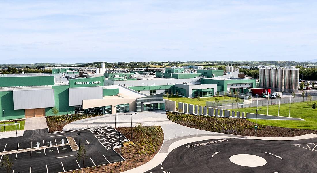 An aerial view of the entire Bausch & Lomb facility in Waterford, which is a large manufacturing site coloured in the company’s trademark green.