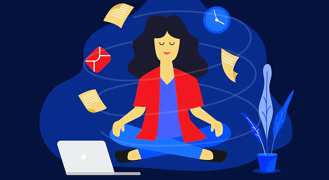 Graphic image of a woman meditating with a laptop and a plant on either side of her and cartoon icons of emails and notes orbiting around her head.