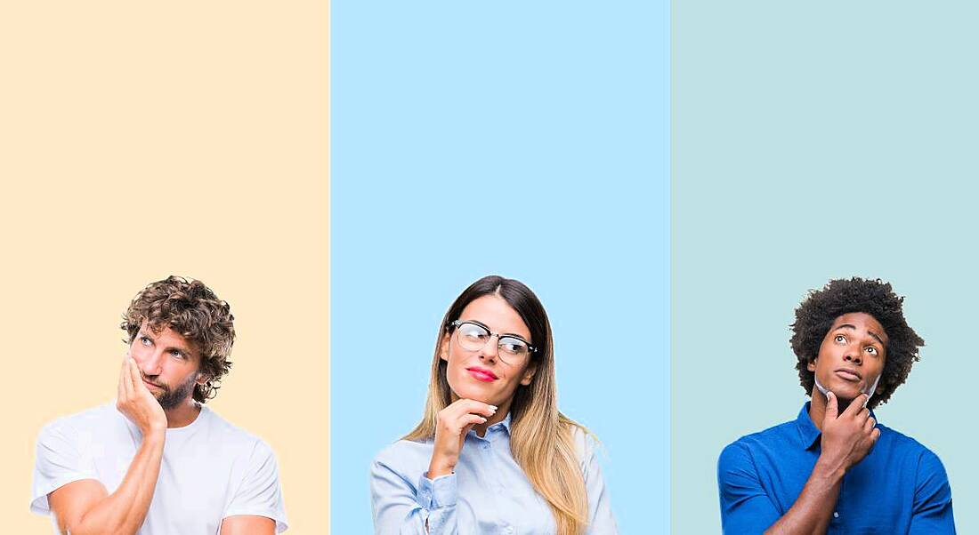 Three people are against a colourful background, with their hands up to their chins in thought.