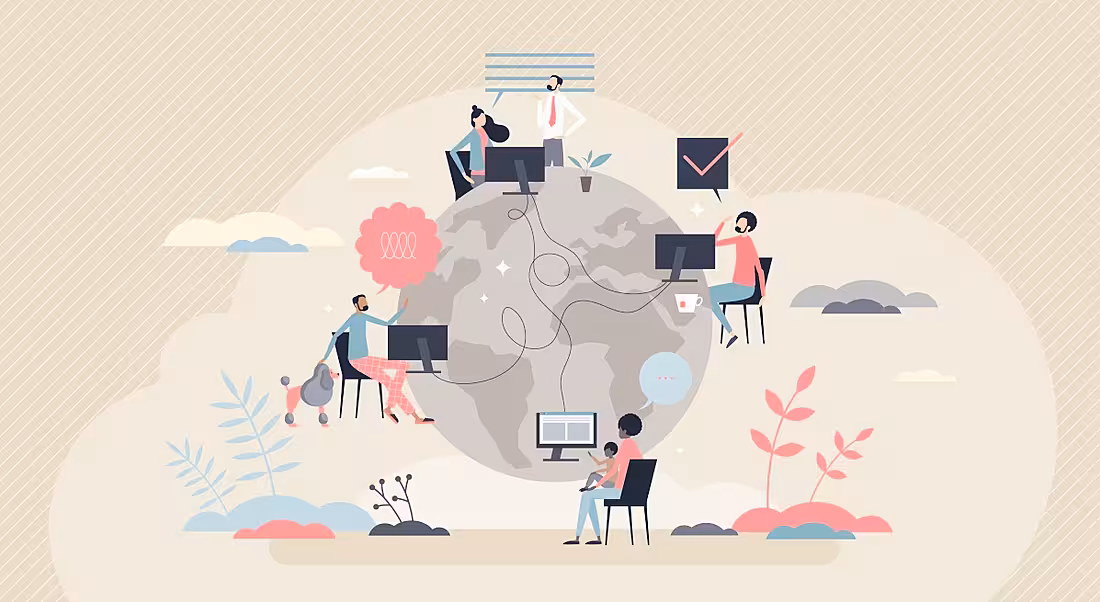 A graphic showing people around the world engaged in remote work, connected by the internet.