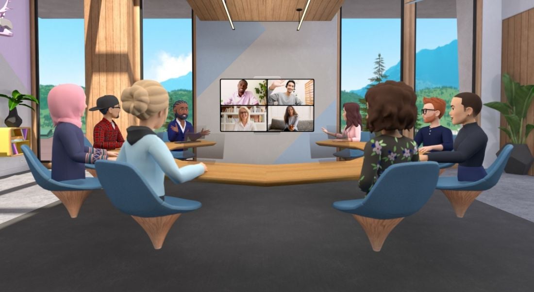 A graphic of avatars sitting around a virtual table, with a video call taking place on the screen in front of them.