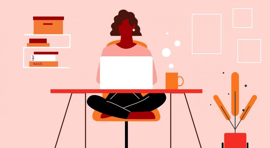 An animated graphic of a woman sitting cross-legged at a desk working from home on a laptop.