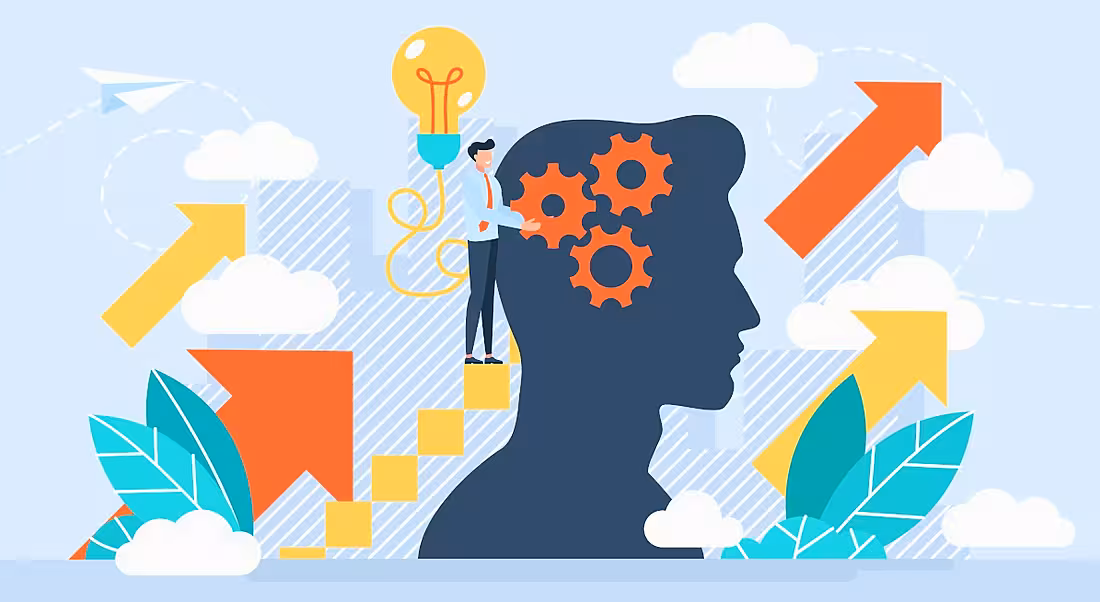 An animated graphic of a silhouette head of a man with cogs in his head. He is surrounded by upward-pointing arrows and a lightbulb.