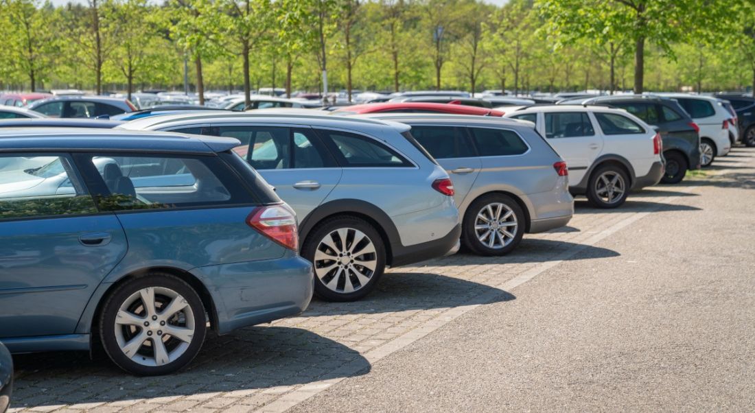 Row of cars in a carpark surrounded by green trees.