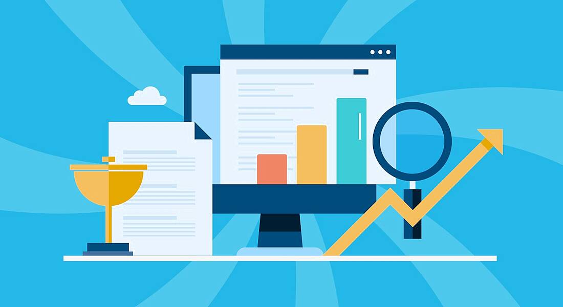 A graphic featuring a computer and magnifying glass and spreadsheets and an arrow progression indicating business rankings.