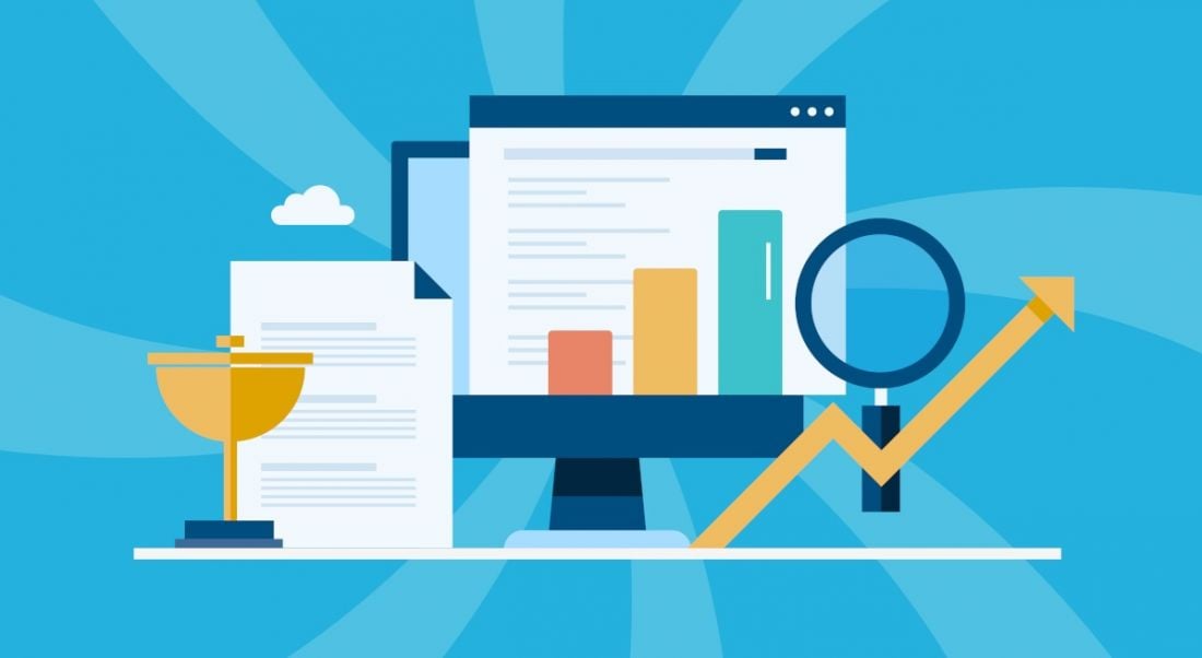 A graphic featuring a computer and magnifying glass and spreadsheets and an arrow progression indicating business rankings.