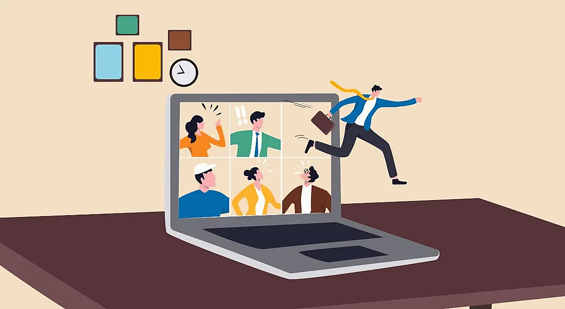 A vector image of a laptop with six people on a virtual call. One man appears to be escaping the virtual call with a briefcase, showing a return to the office.