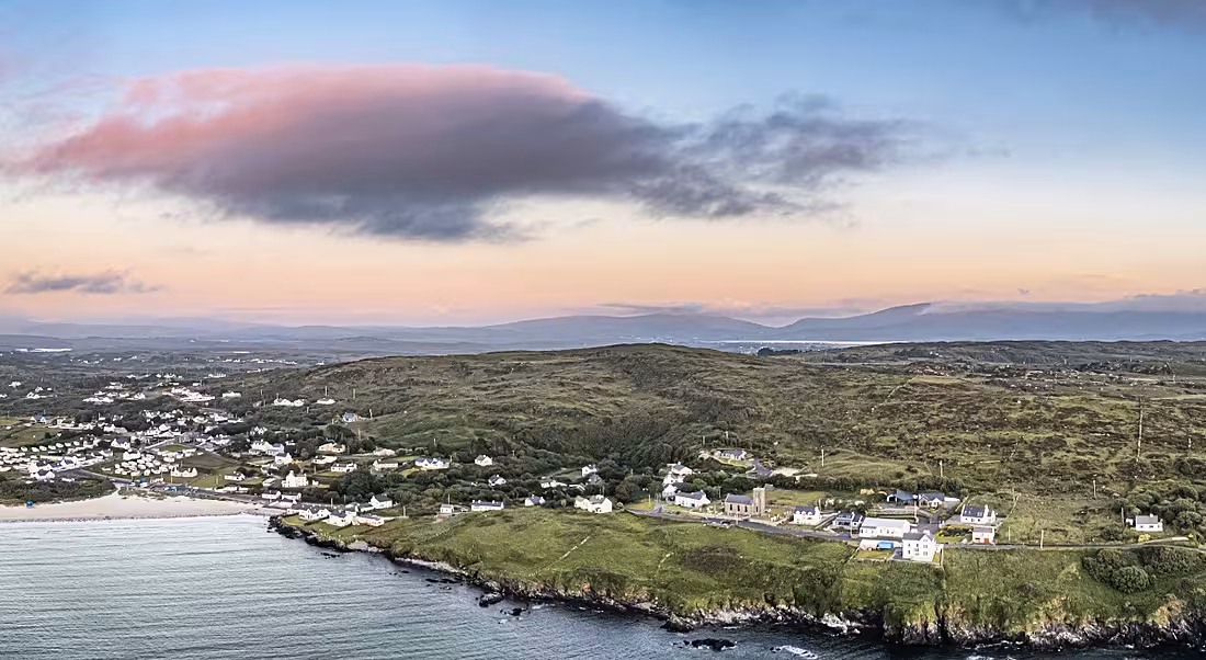 Aerial view of a Donegal town's coastline.