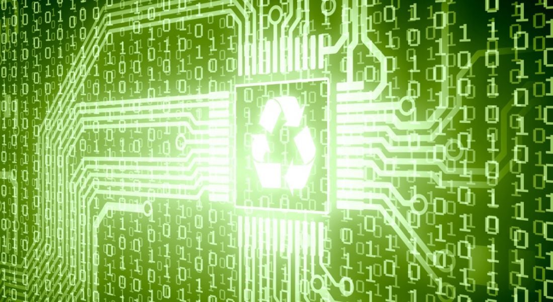A graphic of circuit components with a recycling symbol at the centre.