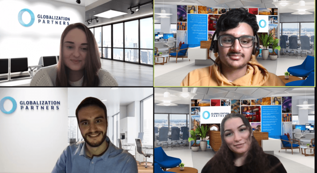 The four Globalization Partners' interns appearing on Zoom in their individual locations.