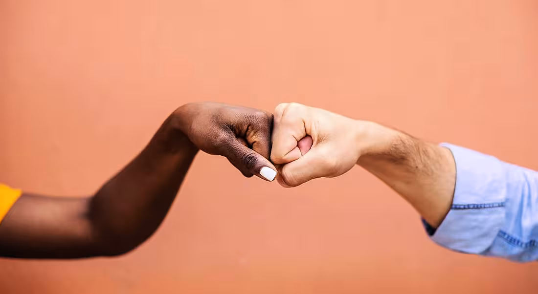Close-up of people bumping fists, symbolising teamwork.