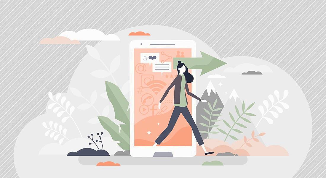 Illustration of a smartphone serving up notifications as its owner walks away into nature.