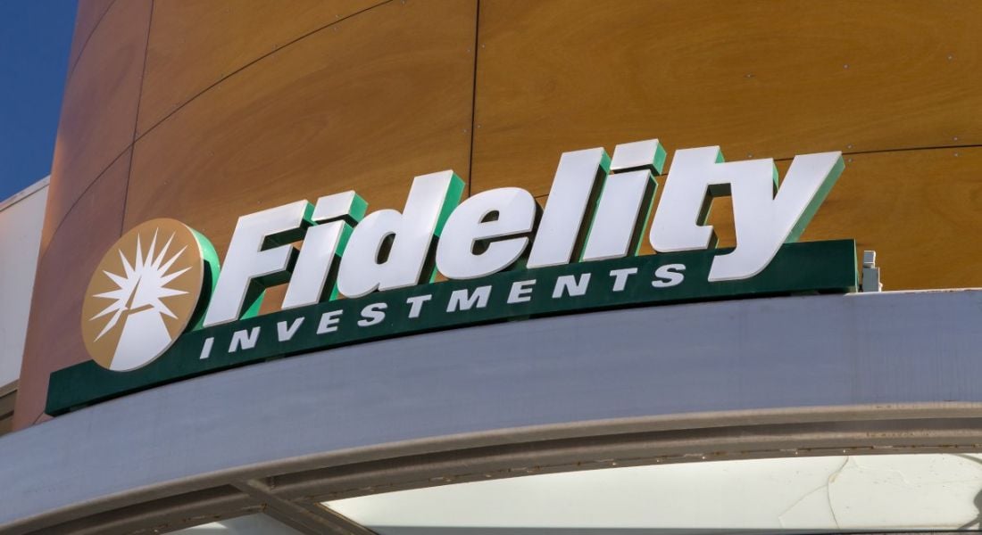 The Fidelity Investments logo across the entrance to a wood-panelled lobby.
