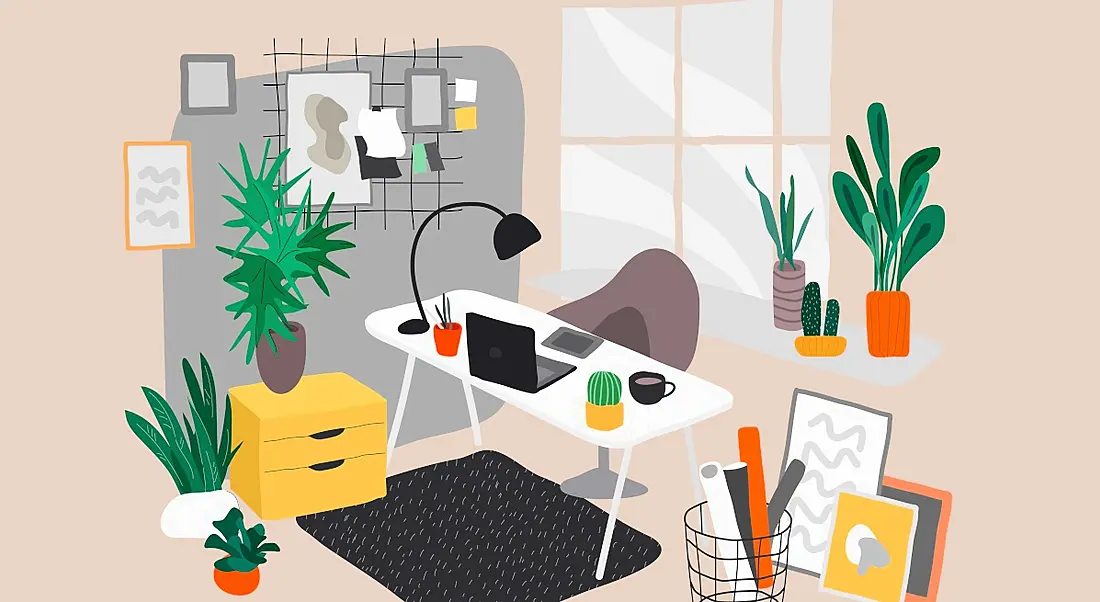 Illustration of a greener home office with multiple plants, a desk and a window letting in natural light.