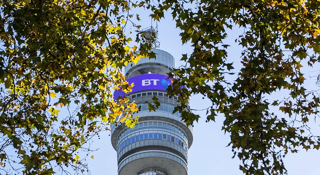 Photo of the BT Tower in London taken through foliage.