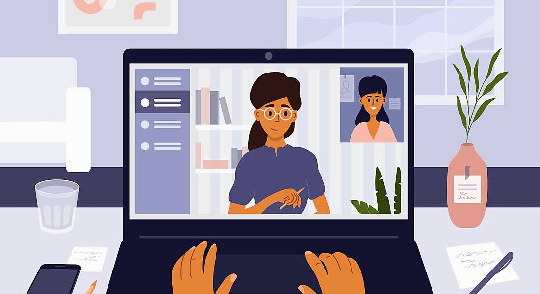 Illustration of a woman interviewing remotely on her laptop.