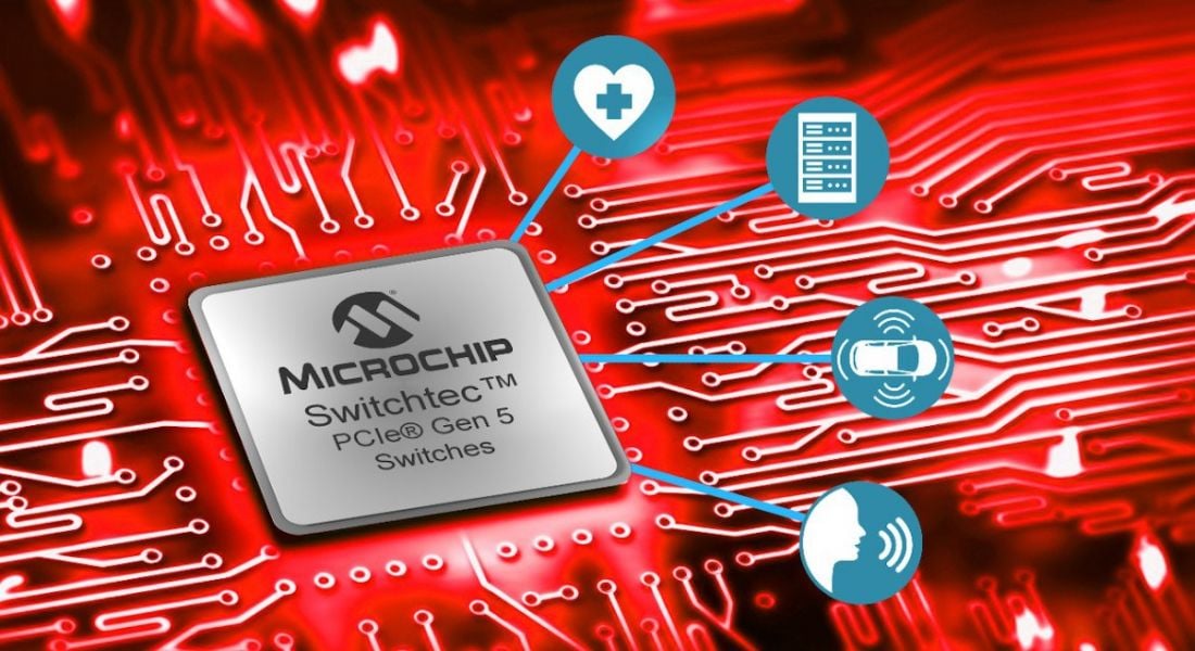 Illustration of a Microchip chip on a red circuit board, indicating how it can power medtech, communications and other technologies.