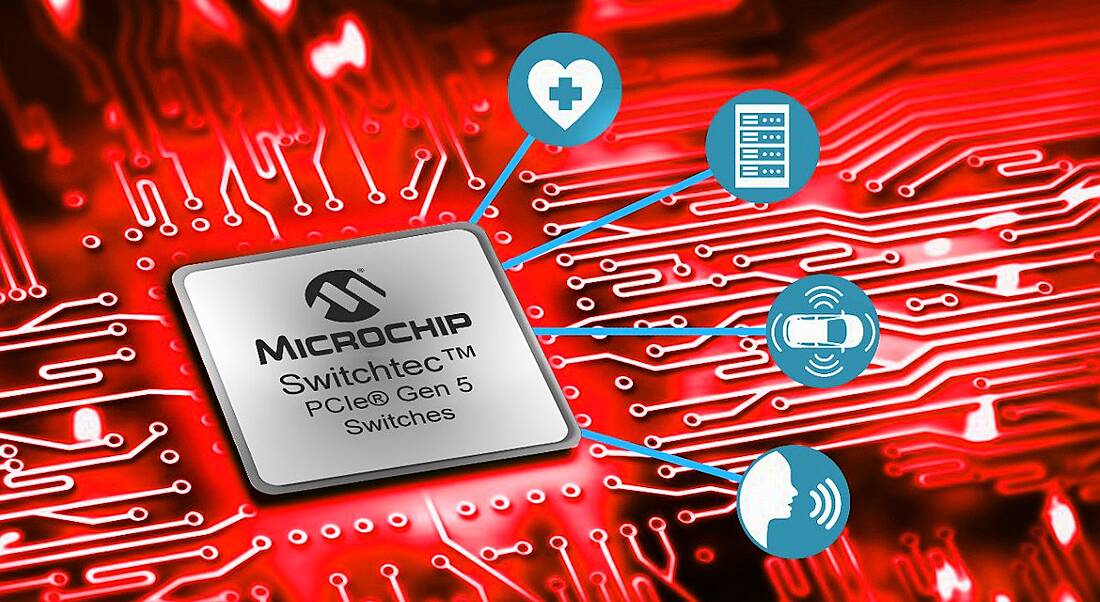 Illustration of a Microchip chip on a red circuit board, indicating how it can power medtech, communications and other technologies.