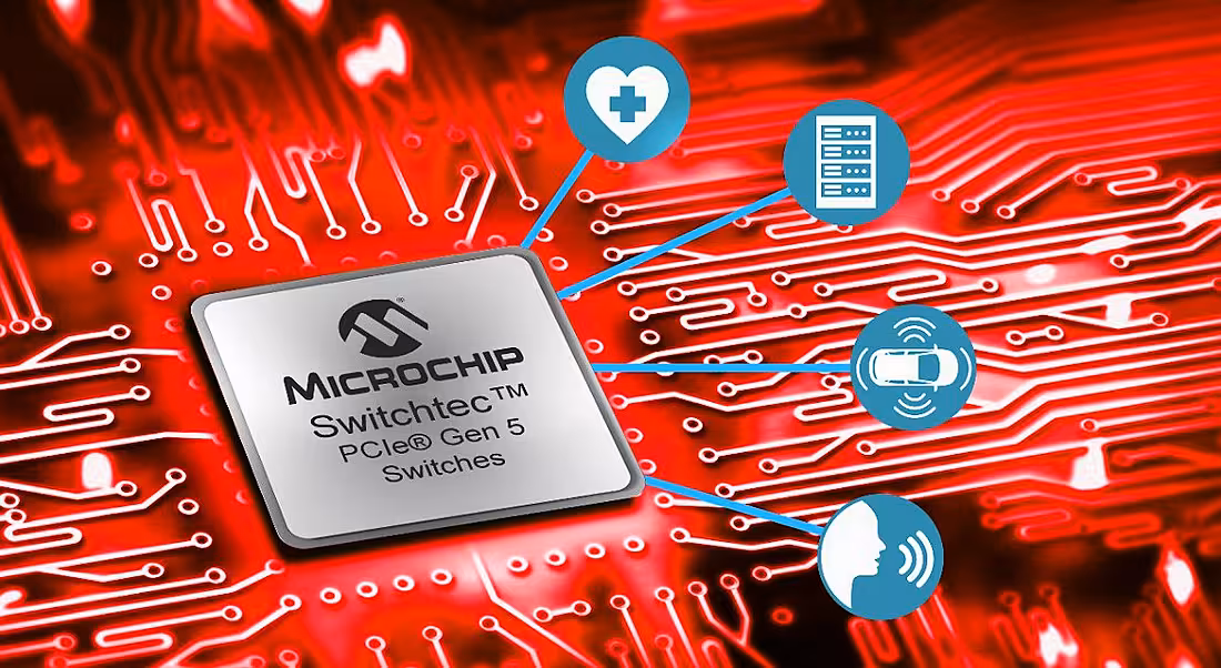 Illustration of a Microchip chip on a red circuit board, indicating how it can power medtech, communications and other technologies.