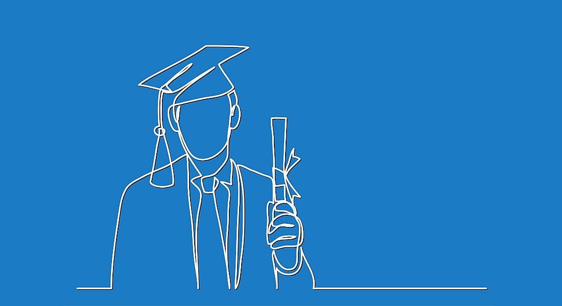 A line drawing of a man wearing graduate robes and holding a degree scroll.