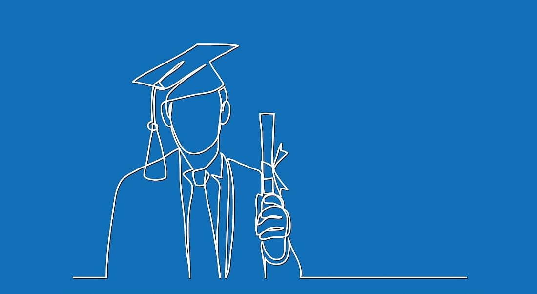 A line drawing of a man wearing graduate robes and holding a degree scroll.