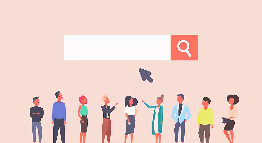 Illustration of people standing under a search bar, symbolising a job search.