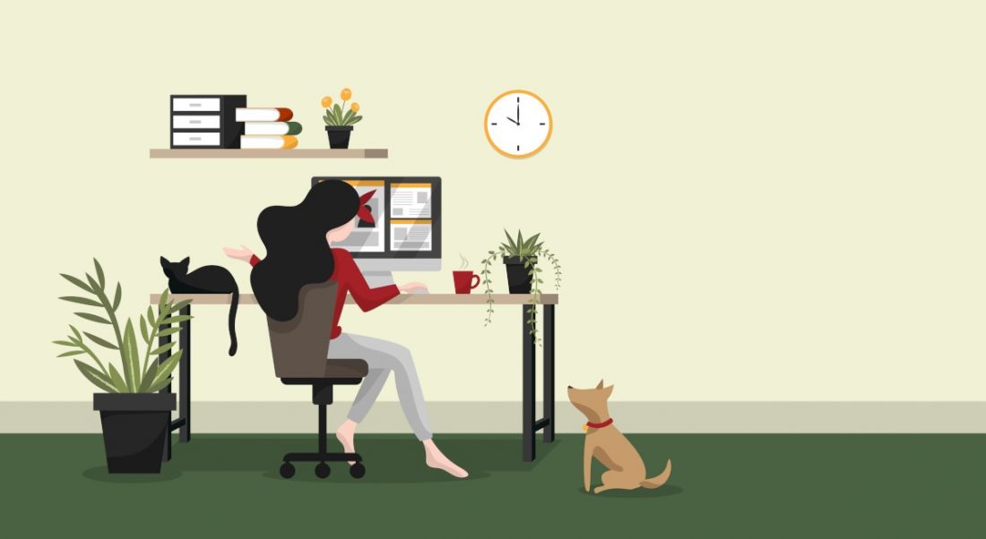 Illustration of a woman working and hiring from home at her desk in a green room with a pet dog.