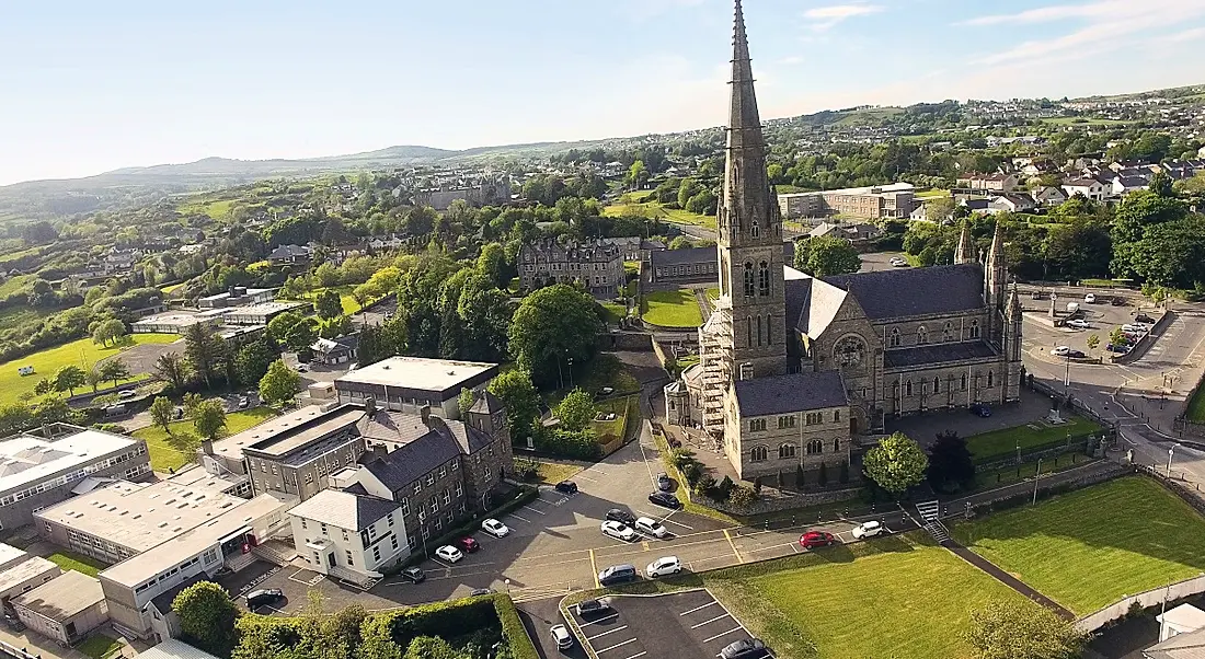 An aerial shot of the cathedral of St Eunan and St Columba in Letterkenny, Co Donegal on a sunny day.