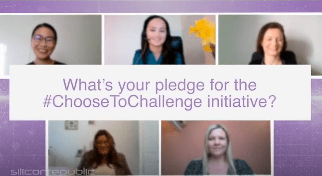 Screenshot of five Aon women on a Zoom call with a banner that says, 'What's your pledge for the #ChooseToChallenge initiative?'