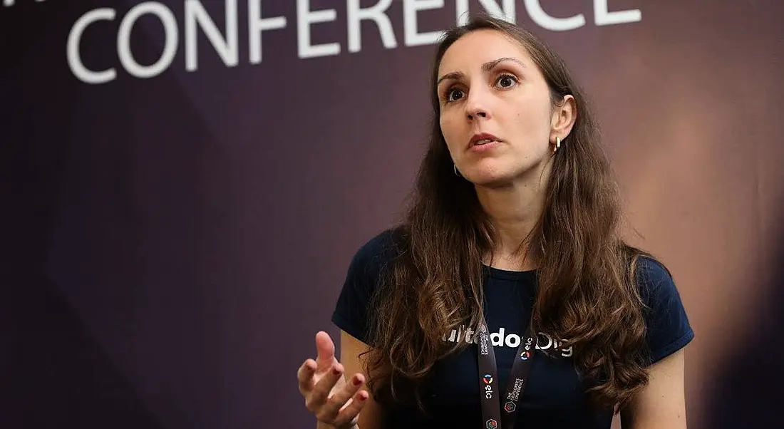 Software developer Karla Maria Garcia conducts a presentation at a developers conference.