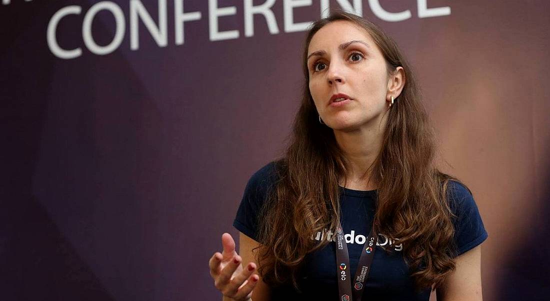 Software developer Karla Maria Garcia conducts a presentation at a developers conference.